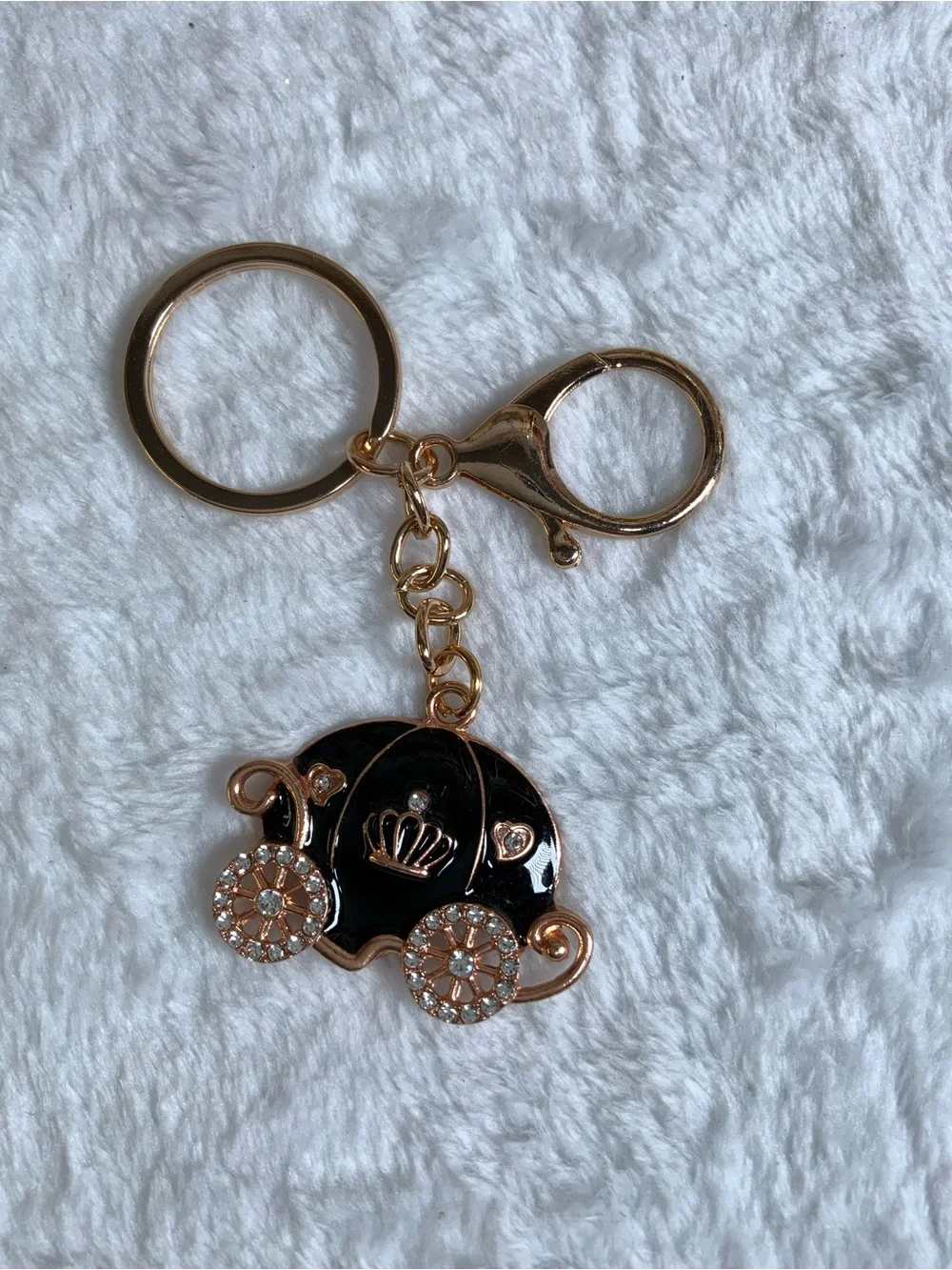 Gold-Tone Black Enamel Carriage Keychain with Rhinestone Wheels - Picture 1 of 2